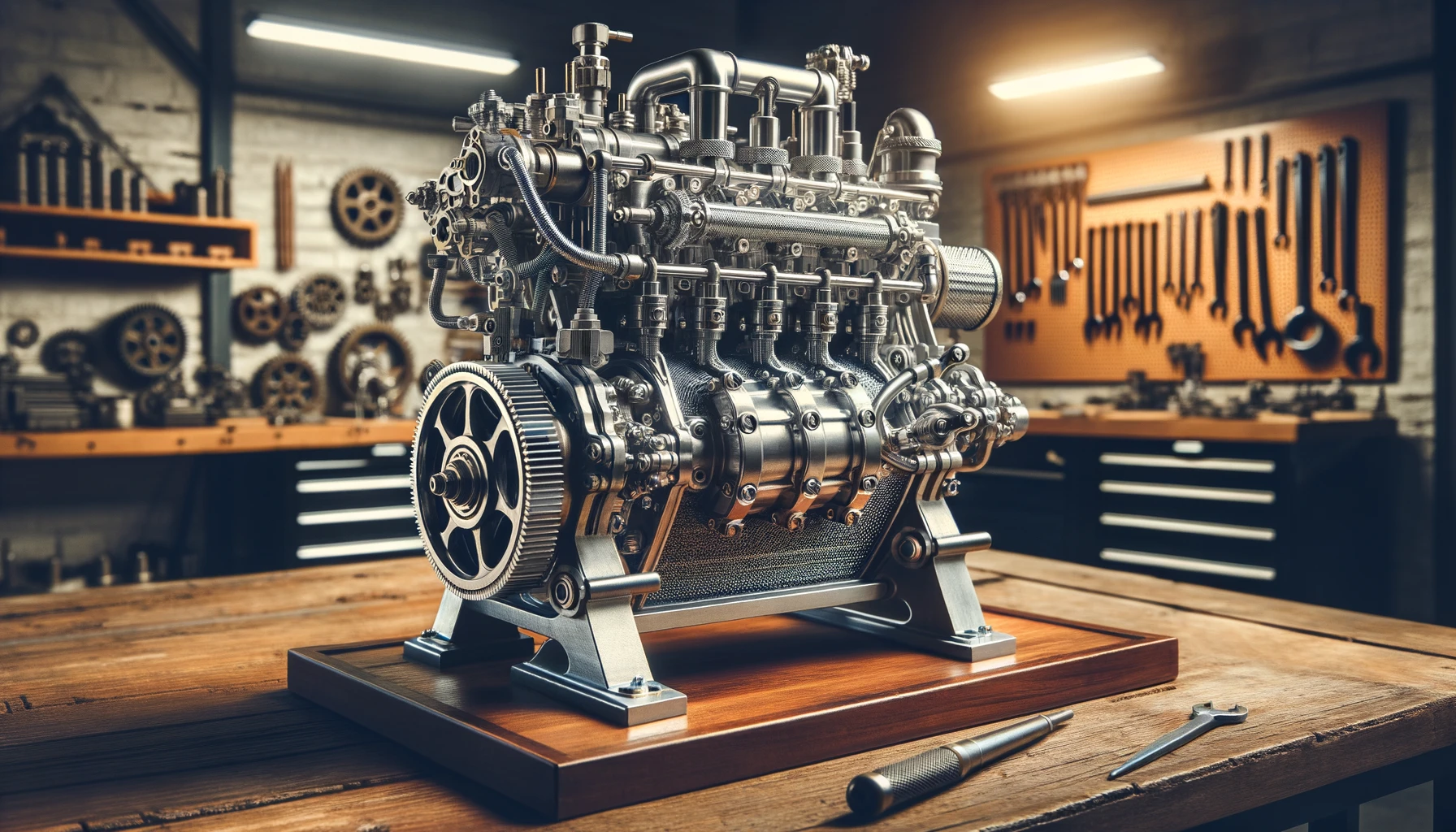 Fotografie cu un motor modern cu apă, proiectat complex cu componente metalice, țevi și supape, plasat pe un banc de lucru într-un atelier bine luminat.