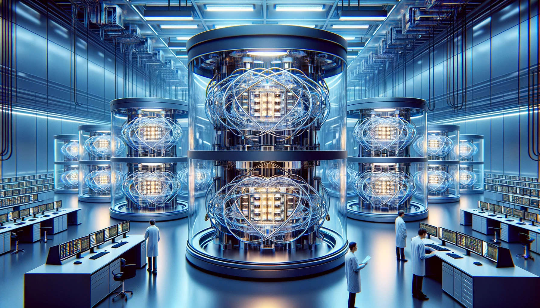 Fotografie cu o instalație futuristă de calcul cuantic, care prezintă mai multe procesoare cuantice încapsulate în camere transparente, cu tehnicieni în halate de laborator care lucrează în apropiere