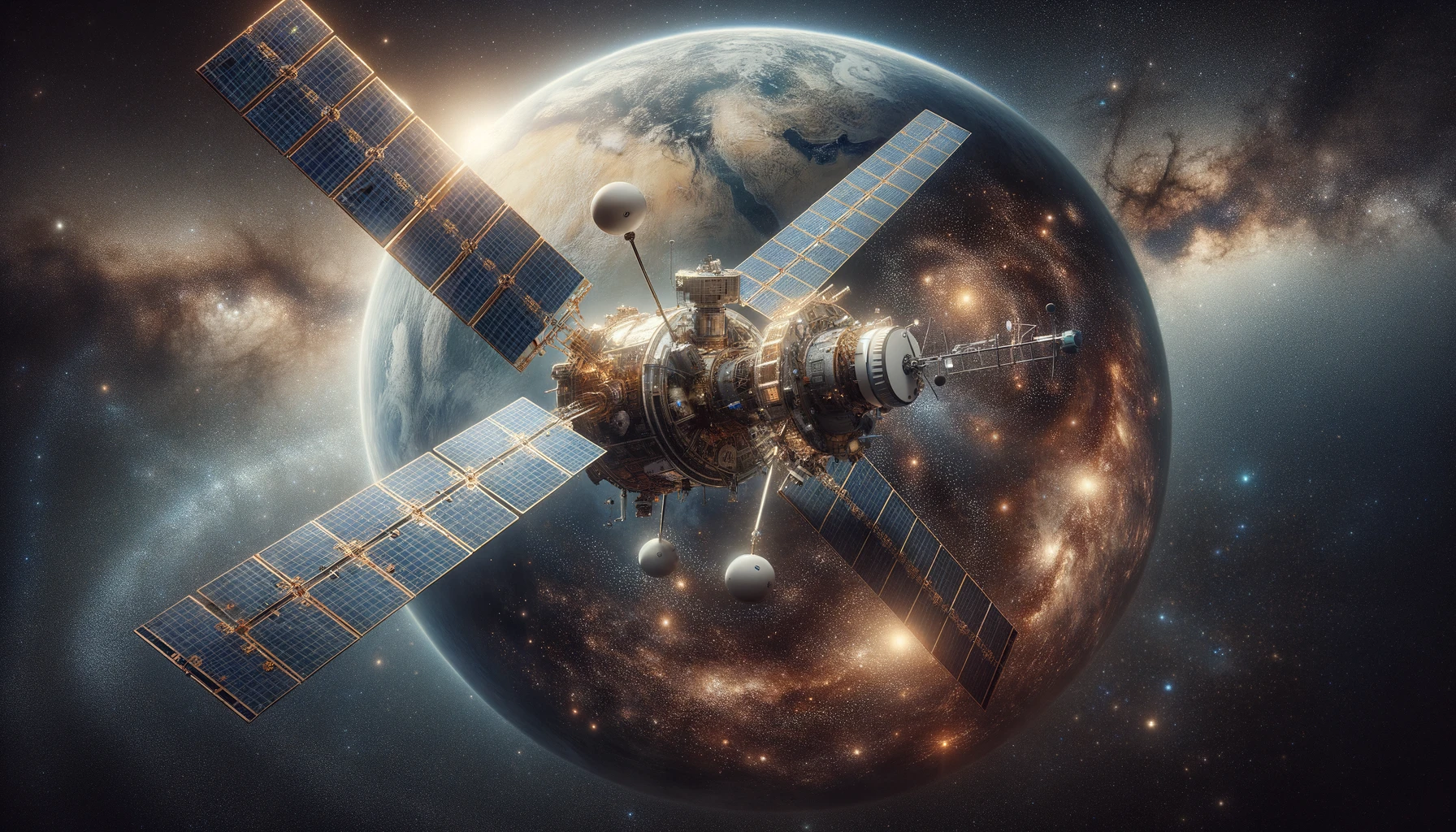 O fotografie orizontală realistă a unui satelit de observație cu camere și instrumente avansate, plutind în întunericul spațiului. Stelele și nebuloasele sclipesc în fundal