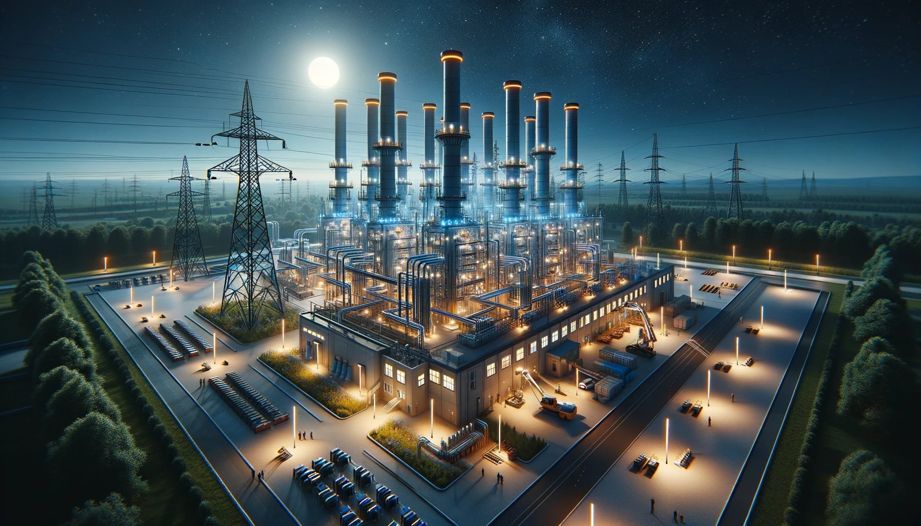 O fotografie orizontală realistă a interiorului unei instalații de stocare a energiei, cu mai multe module de baterii și infrastructură avansată de management al energiei. Luminile LED luminează camera în timp ce tehnicienii lucrează pentru întreținerea echipamentului
