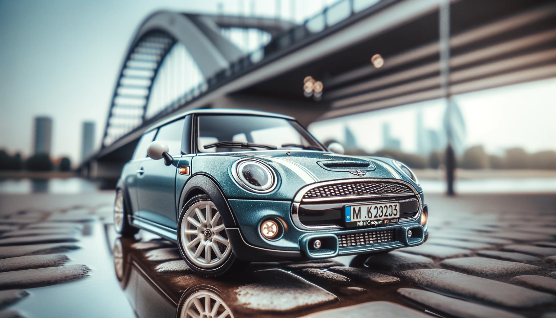 O fotografie orizontală cu o mașină mică și elegantă în stil Mini Cooper care conduce peste un pod în oraș. Masina este albastra cu detalii cromate.