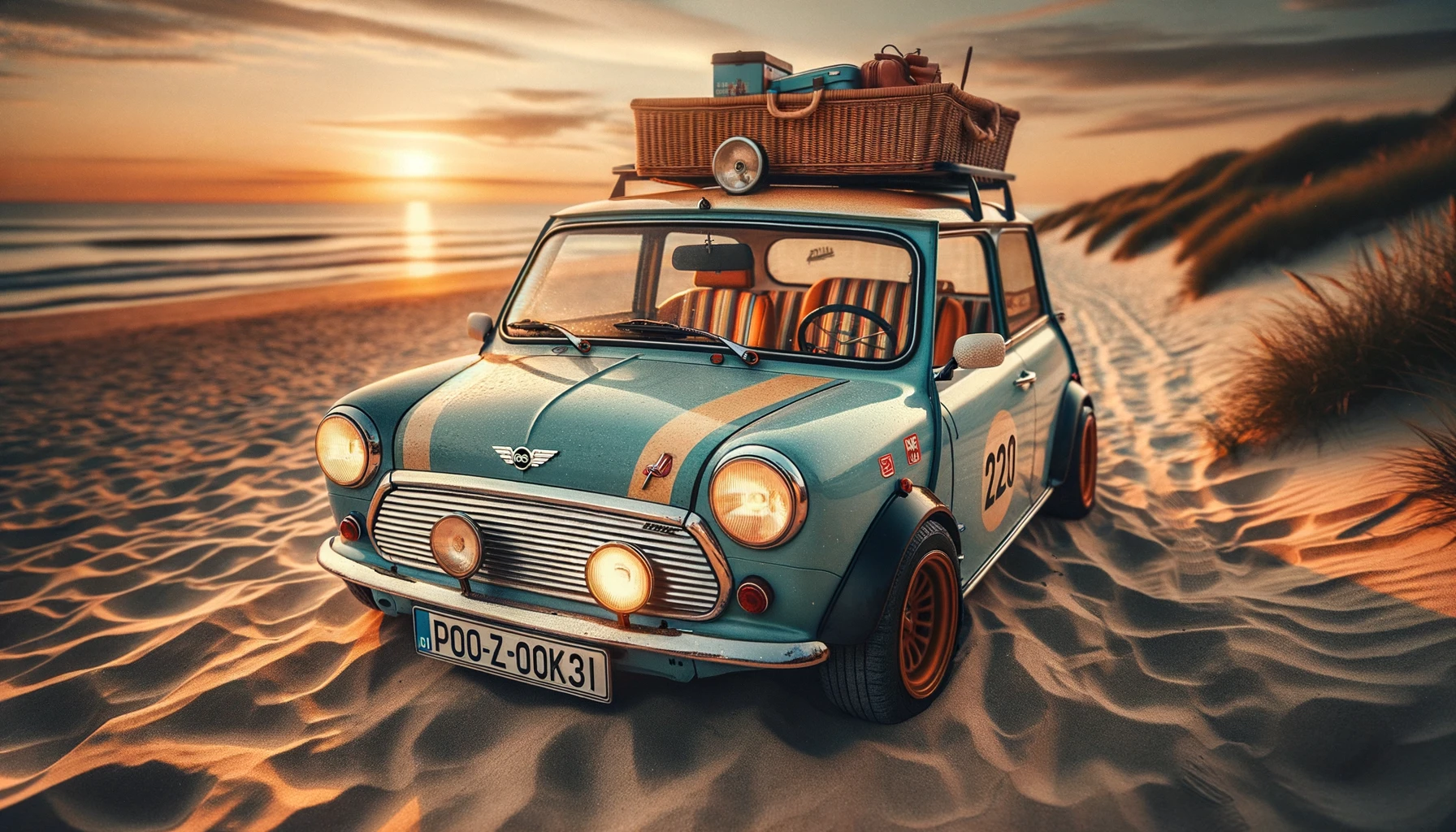 O fotografie orizontală, clară, a unei mașini mici asemănătoare Mini Cooper, parcate pe plajă în timpul apusului. Mașina este portocalie cu plafonul negru